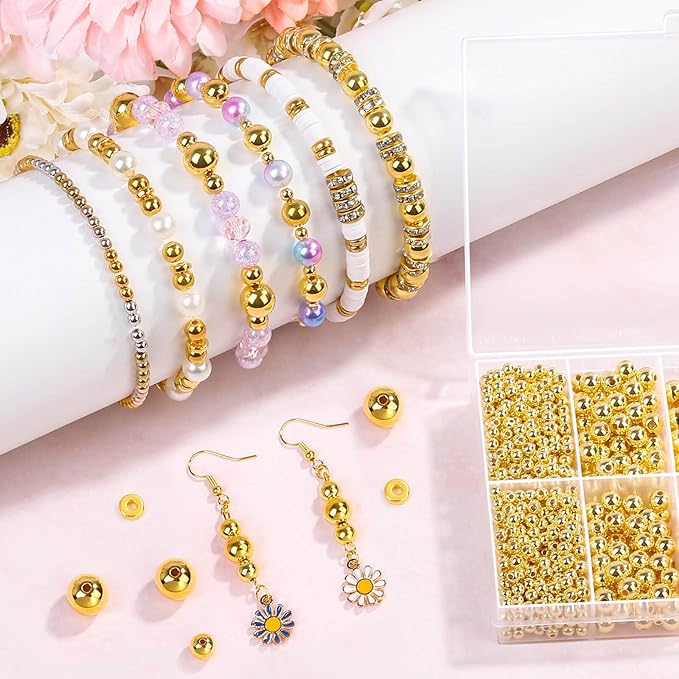 selizo 1250 Pieces Gold Spacer Beads for Jewelry Making, Assorted Gold Beads for Bracelets Making