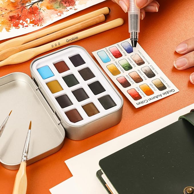 Grabie Pocket Watercolor Set of 12, Travel Watercolor Paint Set, Watercolor Paints, Art Supplies for Painting, Great Watercolor Set for Artists, Amateur Hobbyists and Painting (Autumn)