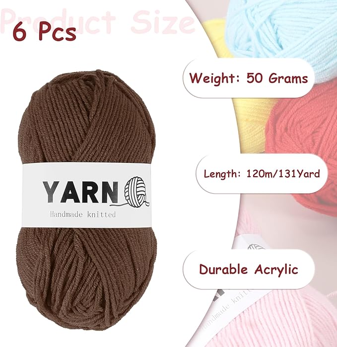 6Pcs Dark Brown Acrylic Yarn 790 Yard 4 Ply Soft Crochet Yarns Sport Weight Yarn,[for DIY Crocheting Knitting Craft Blankets Hats]-300g