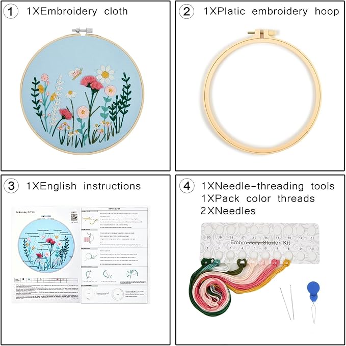 Flower Embroidery Kits for Beginners Adults, Hand DIY Embroidery Art Kits, Floral Stamped Cross Stitch Kits for Beginner Adults Craft Kits for Women, Entire Set of Embroidery Supplies & Video Tutorial