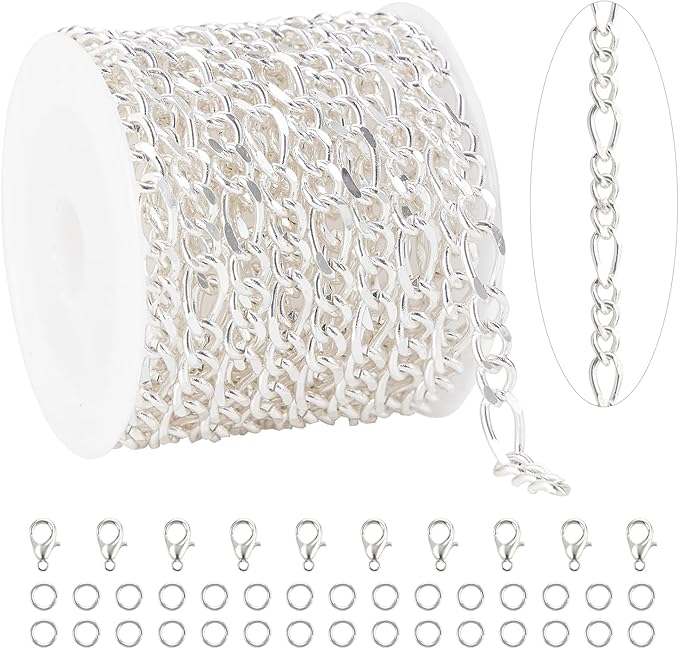 KYUNHOO 13 FT/4M Silver Plated Jewelry Chain Roll Figaro Curb Links Necklace Chains Bulk with Lobster Clasps Jump Rings for Women Men Making Jewelry Crafts