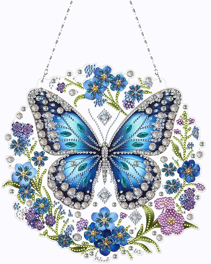 POETRYDRAW DIY Hanging Diamond Art Pendant Kit Butterfly, Special Crystal Diamonds Painting Ornament for Adults, Diamond Art Suncatchers Double Sided Board Gem Painting Box Kit