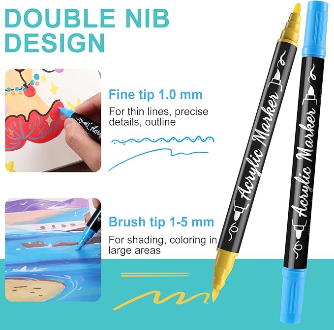 12 Colors Acrylic Paint Markers - Waterproof Dual Tip Acrylic Paint Pens with Brush & Fine Tip Professional Marker Set Scrapbook Markers for Paper Rock Wood Fabric Glass Ceramic and DIY Crafts