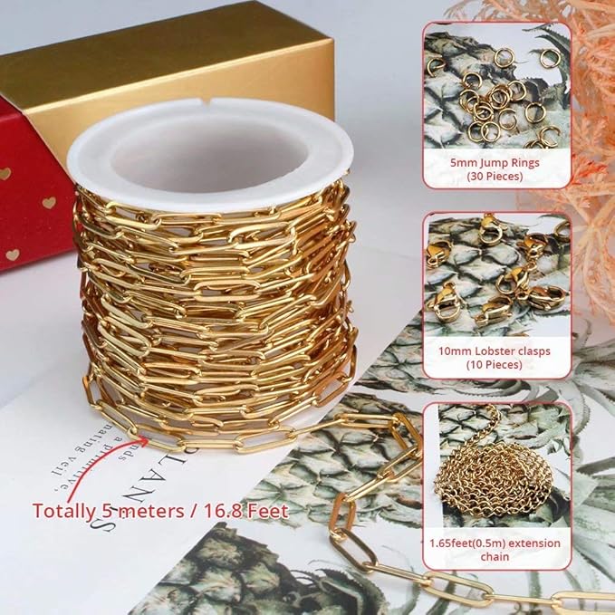 16.4 Feet 18K Gold Plated Stainless Steel Paperclip Chain DIY Jewelry Making Kit for Adults & Teens, Unisex, Gold, Life-Size, Not Foldable