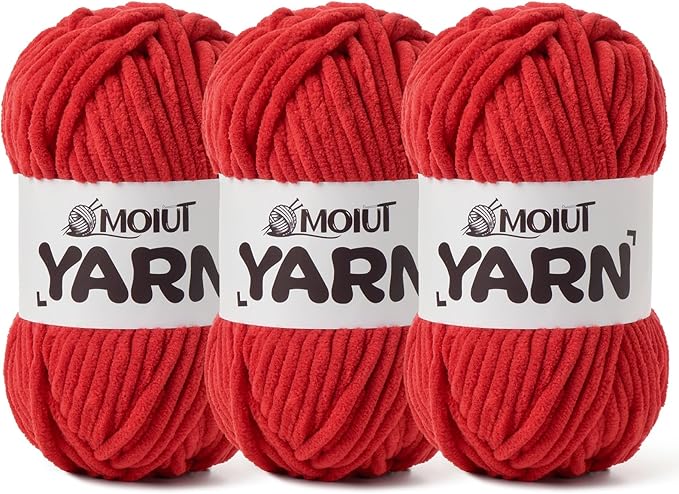 3 Pack Fluffy Chenille Yarn for Crocheting, Chunky Velvet Yarns for Crochet Amigurumi, Baby Yarn for Crocheting Soft Blanket, 262.4yds /10.5 oz Bulky Yarns for Crafts/Hats/Shoes/Socks (3 Red)