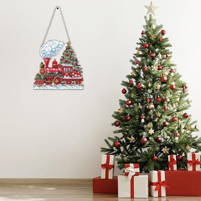 NAIMOER Christmas Diamond Art Hanging Kits for Adults, Christmas Train Diamond Art Suncatchers, 5D Special Shape Fall Diamond Painting Pendant Window Ornament Gifts for Home Garden Door Wall Decor