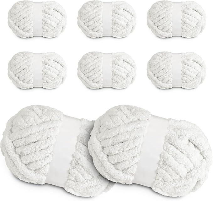Super Soft Chunky Chenille Yarn – 8 Skeins × 8 oz (25 Yards Each) Jumbo Bulky Yarn for Crochet & Hand Knitting Blankets, Sweaters, Cushions, DIY Projects (White)