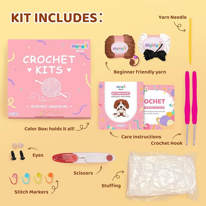Mewaii Crochet Kit for Beginners Level 2 with 40% Extra Eco-Friendly Pre-Started Easy Yarn, Step-by-Step Video Tutorials for Adults and Kids (Sitting Puppy)