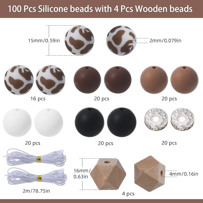 96Pcs Silicone Beads for Bracelets with 4Pcs Wooden Bead and Elastic 2 Strings, 15mm Silicone Beads Bulk Cows Bracelet Making Kit Focal Bead for Pens Keychain Making Kit