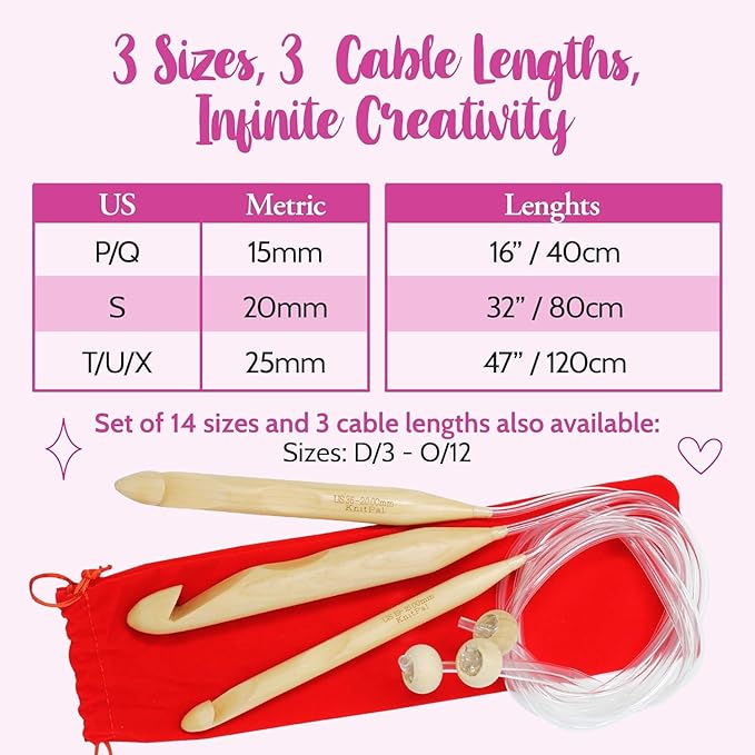 KnitPal 32-inch (80cm) Tunisian Crochet Hooks Set with Cable for Chunky Yarn - Afghan Wooden Crochet Hooks for Baby Afghan Blanket - 3 US Sizes: P/15mm, S/20mm and T/25mm