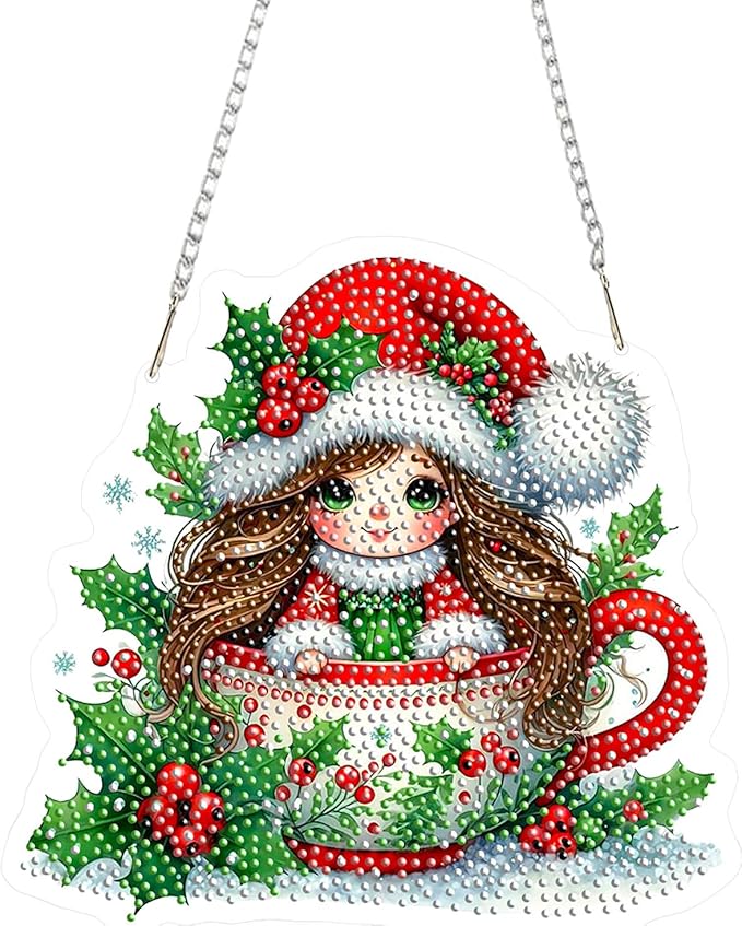 EMIEAUFG Christmas Diamond Art Hanging Kit for Adult, Xmas Girl Diamond Art Pendants, Double Sided Acrylic & 5D Special Shaped Rhinestone, Christmas DIY Ornament for Window Home Wall Decor