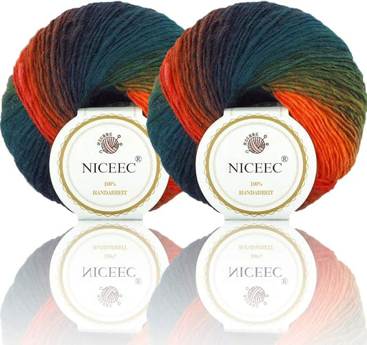 2 Skeins Rainbow Soft Yarn 100% Wool Gradient Multi Color Yarn for Crocheting Knit Total Length 180m×2(196yds×2,50g×2)-10
