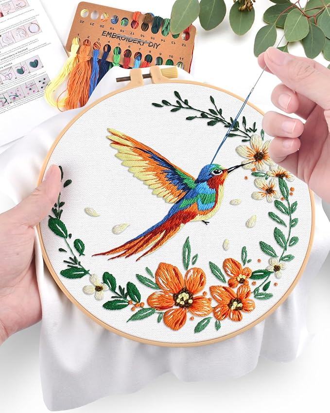 ERKOON Embroidery Kit for Beginners, Hummingbird and Flower Cross Stitch Set for Include Embroidery Cloth Hoops Threads for Craft Lover Hand Stitch (Colorful Hummingbird)