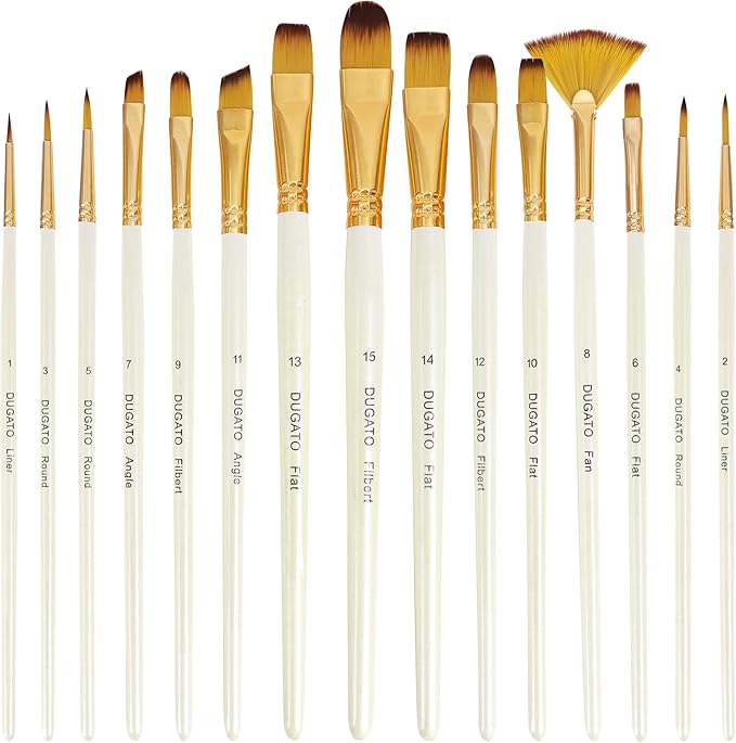 DUGATO 15 Piece Artist Paint Brush Set - Anti-Shedding Nylon Hair Brushes with Comfortable Grip for Acrylic, Watercolor, Oil, Gouache & Crafts - Suitable for All Skill Levels, Beginners, and Hobbyists