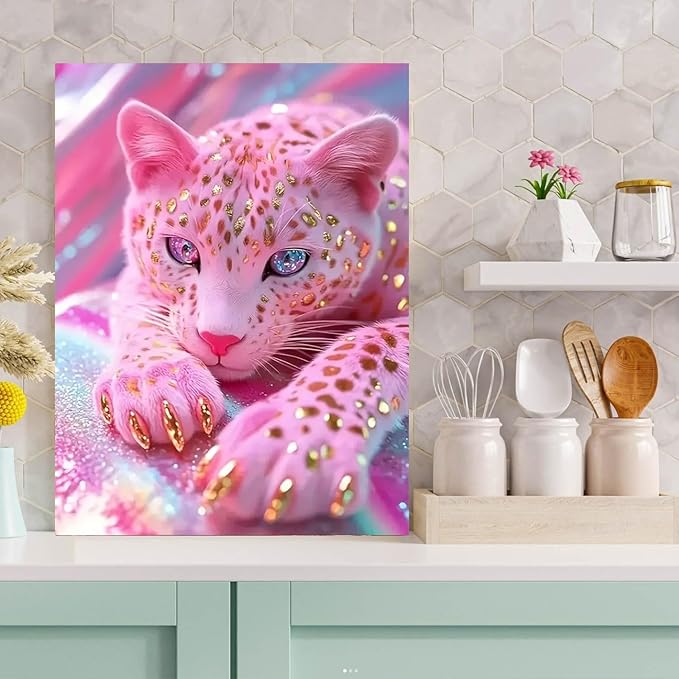 Meothan Diamond Painting Kits for Adults, 5D DIY Diamond Art Kits for Beginners, Pink Leopard Diamond Dots Kits Gem Arts Crafts for Living Room Bedroom Offices Home Wall Decor 12X16 Inch (Animal)