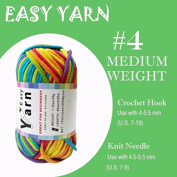 Beginner Easy Yarn Kit for Knitting,Crocheting; Worsted Weight Medium #4; Cotton Blend Yarn for Amigurumi with Tools (Sweet Candy, 6 Skein)