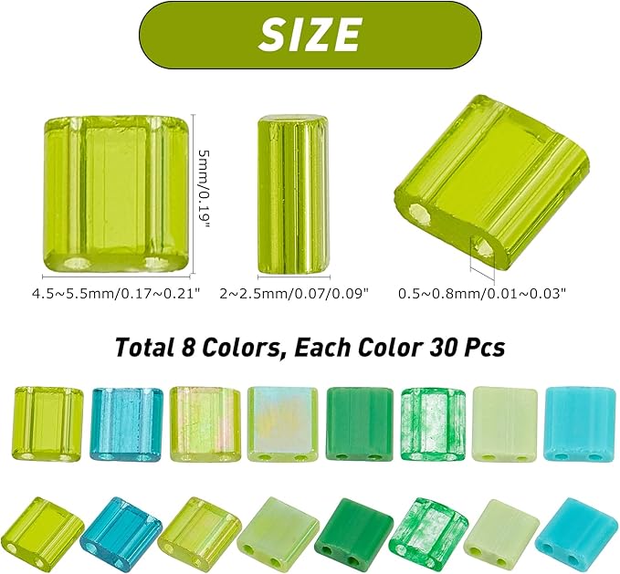 NBEADS 240 Pcs 8 Colors Green 2-Hole Beads, 5 * 5mm Glass Seed Beads Rectangle Loose Beads for Christmas Jewelry Design Necklace Bracelet Earring Making, Light Green