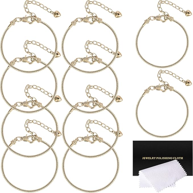 10 Pcs Snake Charm Bracelet Chain Adjustable Charm Bracelet Kit 3mm Dainty Snake Chain Bracelets Chains with Heart Lobster Clasp Extender Chains for Christmas DIY Women Jewelry Making Gifts Supplies