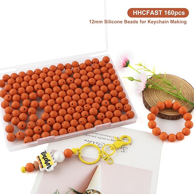 160Pcs 12mm Silicone Beads for Keychain Making Bracelet Necklace, Bulk Round Silicone Beads for Pens(Rust Brown)