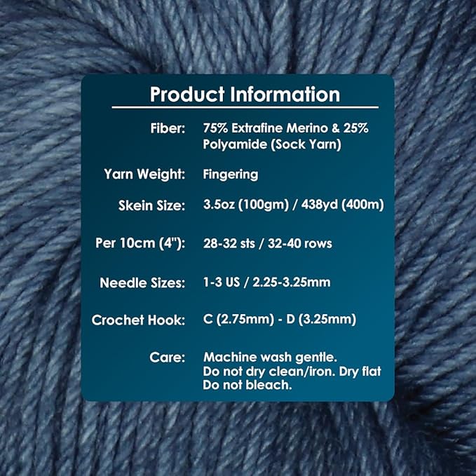KnitPro Symfonie Fingering Weight Hand Dyed Semi-Solid Yarn Skein | Extra Fine Merino Wool & Polyamide Blend for Knitting & Crocheting, Oeko-TEX Certified 400m, 100g | Terra Jodhpur Blue