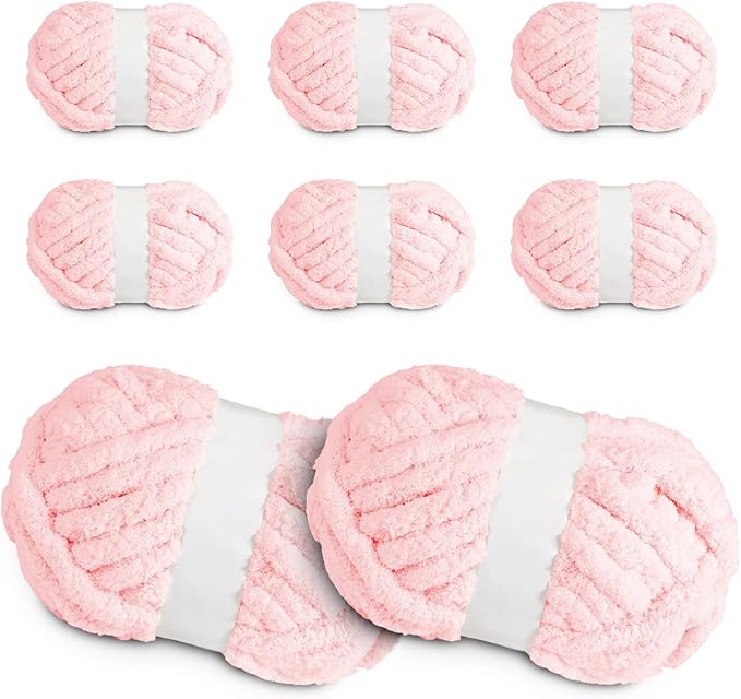 Super Soft Chunky Chenille Yarn – 8 Skeins × 8 oz (25 Yards Each) Jumbo Bulky Yarn for Crochet & Hand Knitting Blankets, Sweaters, Cushions, DIY Projects (Light Pink)