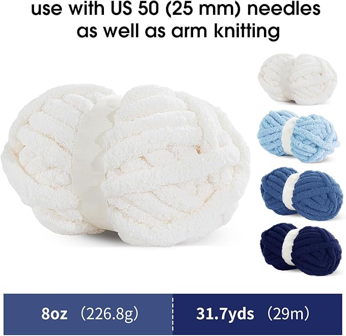 MABOZOO Assorted Chunky Yarn for Crocheting 8 Pack,Fluffy Jumbo Chenille Yarn,Soft Plush Yarn Bulky,Giant Thick Fuzzy Yarn for Hand or Arm Knitting,Cream & Multi Blue(31.7 yds,8 oz Each Skein)