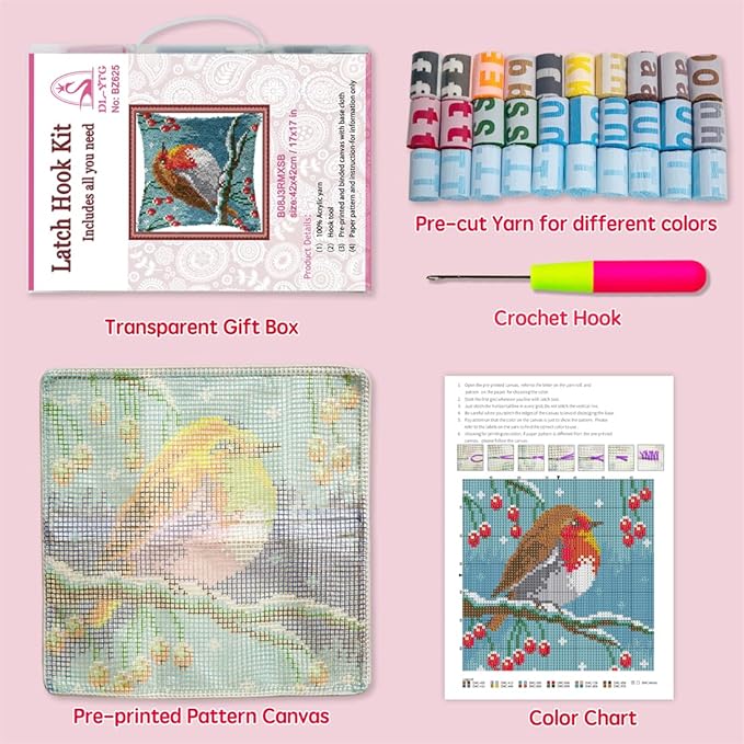 DL-YTG Latch Hook Kits Pillow Christmas Hat Crochet Yarn Colour Pre-Printed Canvas Needlework DIY Pillowcase Hook Christmas Home Arts Crafts Decoration 16 X16inch