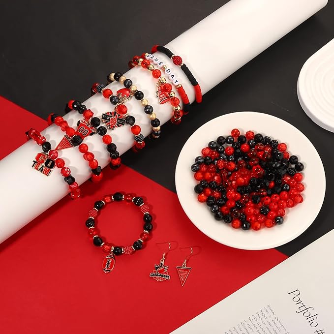 3000PCS+ Game Day Beads for Bracelets Making Red Black Clay Heishi Beads Pearl Acrylic Letter Bead Enamel Football Charms for Bracelet Earrings Necklace Making DIY Game Day Accessories (Red Black)