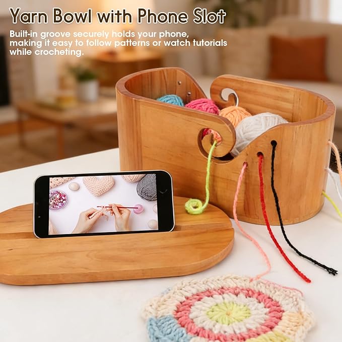 Large Wood Yarn Bowl with Lid, Crochet Yarn Holder with 7pcs Knitting Hooks, No-Tangle Design, Yarn Storage Crochet Bowl Knitting at Home, Café, Park, Craft Gatherings Rectangle