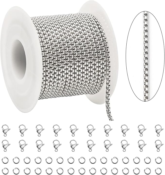 KYUNHOO 10M Stainless Steel Chain Bulk Silver Rolo Chains for Jewelry Making 2.5mm Square Beaded Chain Roll with Jump Rings and Lobster Clasps Men and Women Necklace DIY Jewelry Supplies