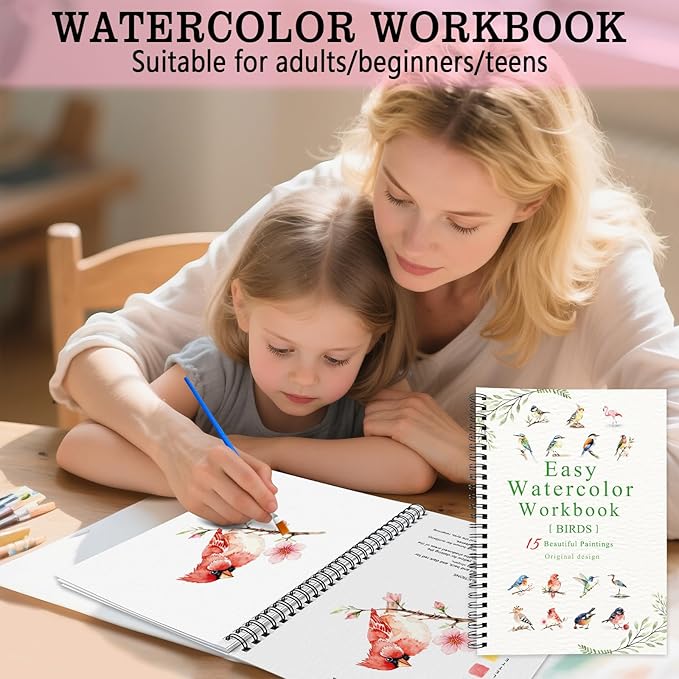 SLWBZ Watercolor Workbook Birds, 15 Different Patterns of Original DIY Designs, Beginner-Friendly Watercolor Workbooks, (Birds, Without Palette)