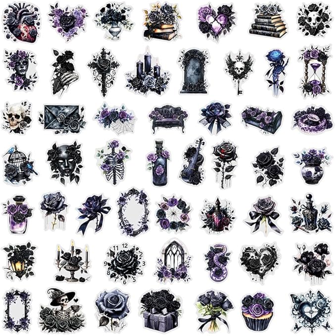 50Pcs Waterproof Vintage Stickers,Scrapbooking Supplies Kit,Aesthetic Decorative Craft Sticker for Planner, Bullet Journaling, Junk Journal, Water Bottles, Laptop, Retro Craft.Black Rose