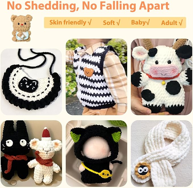 Coopay Chenille Yarn for Crocheting, 12 Pack Medium Weight Yarn - CYC #4 - Total 780yd, Soft Crochet Yarns for Plush Toys, Blankets, Scarves (Black/White)