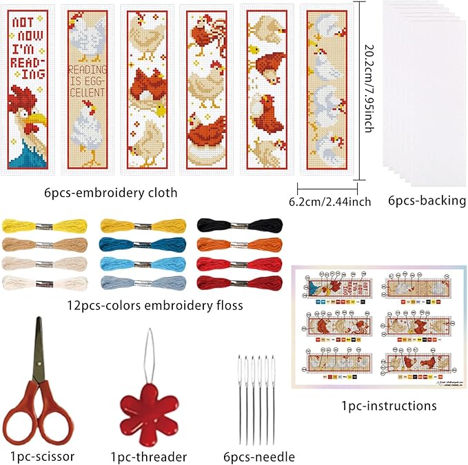 ORIGACH 6 Pcs Cross Stitch Bookmark Kit for Beginner Adults, Cute Chicks and Words Stamped Embroidery Bookmark Kit with Instruction for Starters Printed Cross Stitch DIY Kits for Book Lovers