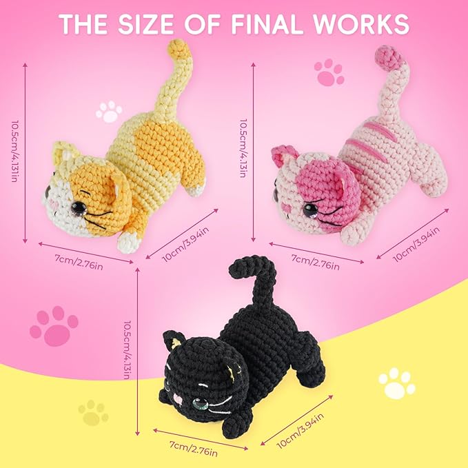 LUDOTEK Crochet Kit for Beginners, Crochet Animal Kits,Crocheting Kit for Starters with Step-by-Step Video Tutorials, Beginner Crochet Kits for Adults(3 Pack cat)