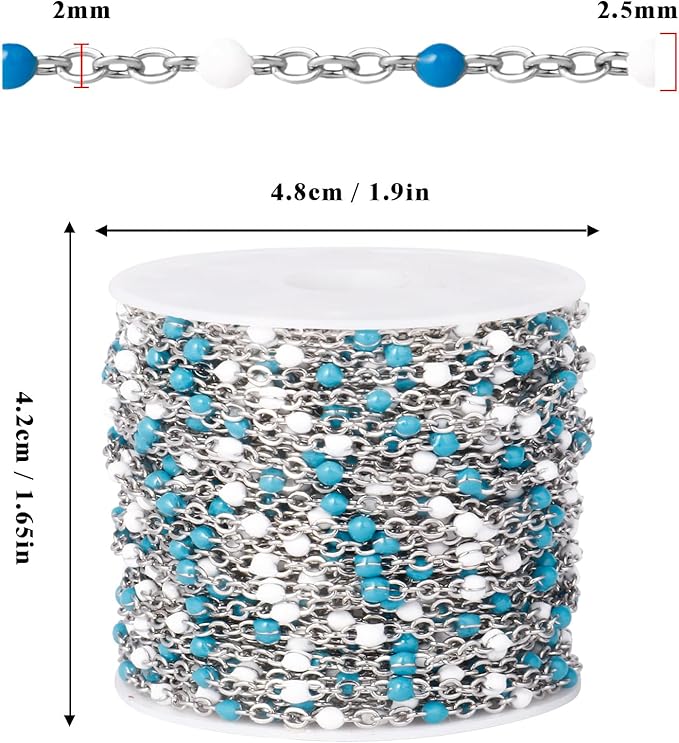 33 Feet Stainless Steel Enamel Chains Bulk, 2mm 304 Stainless Steel Blue White Enamel Beaded Cable Link Chain Roll Spool for Jewelry Making