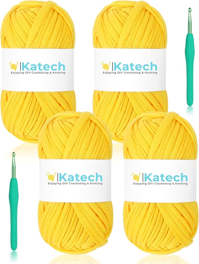 Katech 4 Pack 100g T Shirt Fabric Yarn Kit for DIY Hand Knitting, 130 Yds Spaghetti Yellow Crochet Cloth for Crocheting Bag, Basket & Blanket With 2 PCS Ergonomic Hooks