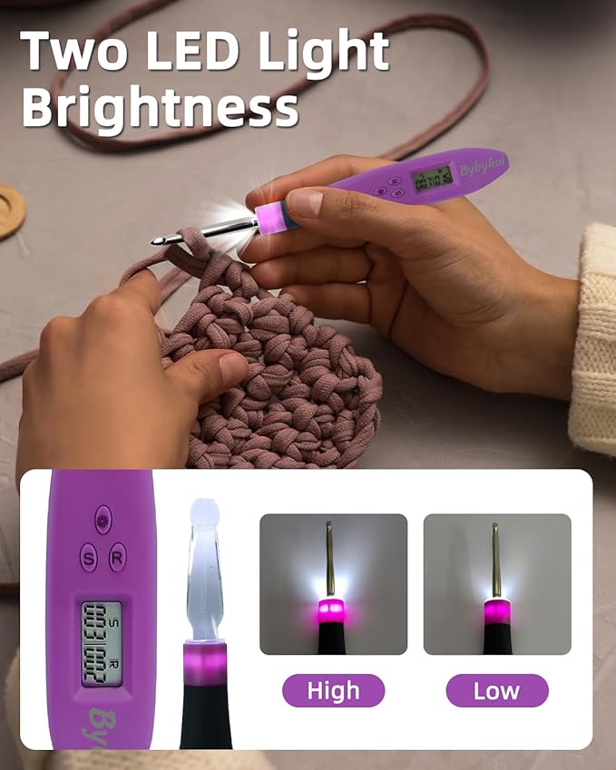 Bybykoi Light Up Crochet Hooks Set with 24 Interchangeable Crochet Kit, Digital Counter, 2 Levels LED, Beginner Knitting Kit for Stitch and Row Counter
