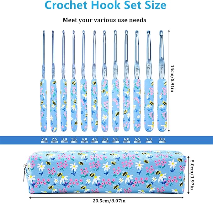 Blingcute Ergonomic Crochet Hooks Set – 12 Sizes (2.0mm–8.0mm), Soft Grip Handles with Smooth Aluminum Needles, Portable Case, Comfortable Crochet Kit for Long-Time Crocheting & Arthritic Hands