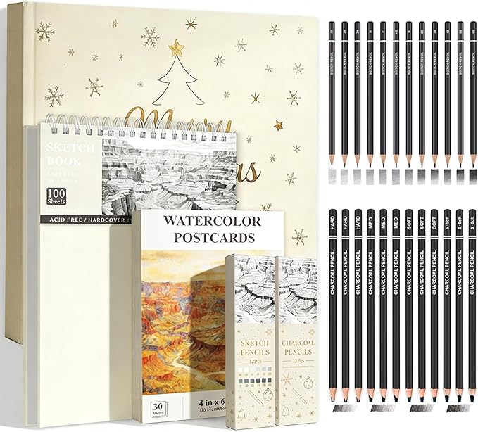sufly sketch pad and pencil set for kids ages 8-12 | complete sketch set with 9x12 sketchpad, watercolor postcards & pencils (graphite and charcoal), sketch pads for drawing for adults & art supplies.