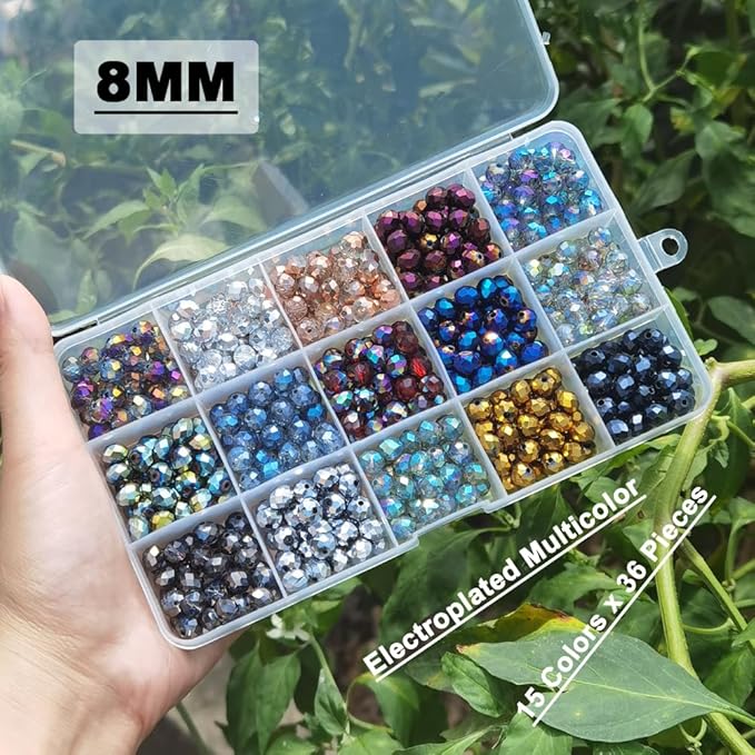 INSPIRELLE 540pcs 8mm Multicolor Electroplate Rondelle Glass Beads for Jewelry Making Faceted Briolette Shape Crytal Spacer Beads Assortments Supplies for Bracelet Necklace with Storage Box