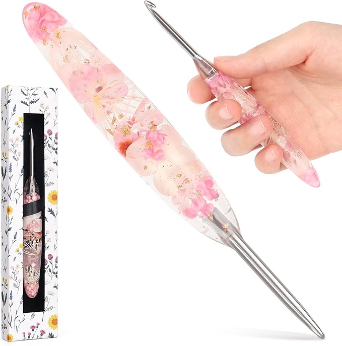Katech 4.5mm Crochet Hook for Arthritic Hands, Hand-Polished Stainless Steel Ergonomic Crochet Hooks with Customized Sparkle Dried Floral Grip, Soft Tapered Hook-Crochet Gift for Beginner & Crocheter