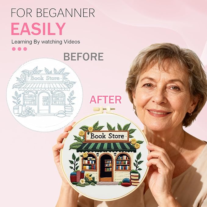 Huacan Embroidery Kit for Beginners Pre-Stamped Pattern Kits for Adults with Hoop, Easy to Follow Color Thread Needlework