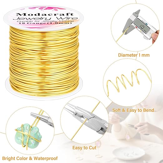 Modacraft 18 Gauge Gold Jewelry Wire & 4-in-1 Pliers Kit - 65FT Tarnish Resistant Copper Craft Wire (1.0mm) for Wire Wrapping, DIY Jewelry Making, Christmas Ornaments & Holiday Decorations
