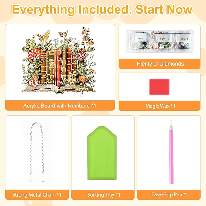 TOSTOG Exquisite Books Diamond Art Pendant Kit for Adult, Orange Diamond Painting Hanging Kit for Beginners, 5D DIY Crafts Gem Art, Waterproof Full Accessories for Home Decor Idea 20 * 20 cm/8 * 8 in