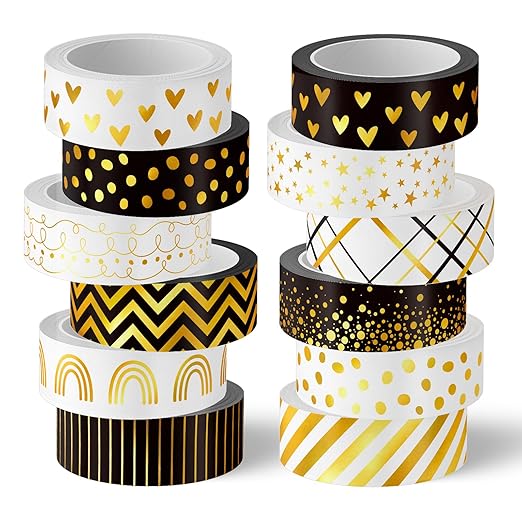 Whaline 12 Rolls Gold Foil Pattern Washi Tape Heart Dot Stripe Rainbow Masking Tape Set Decorative Wrapping Paper Tapes for Scrapbook Journal DIY Art Crafts