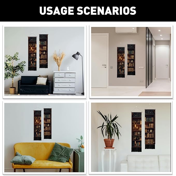 PLIGREAT 2 Pack Vintage Bookshelf Tapestry with Tassel Classic Library Wall Tapestry Vertical Wall Hanging for College Dorm Bedroom Living Room Long Narrow Home Hanging Decor, 46" x 13"