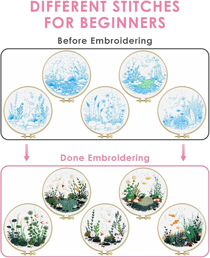 TINDTOP 5 Pack Embroidery Kit for Adult Beginners, Embroidery DIY Starter Kit, with Fish World Stamped Patterns, Hoop, Tools, Colorful Threads with Needles, Instructions