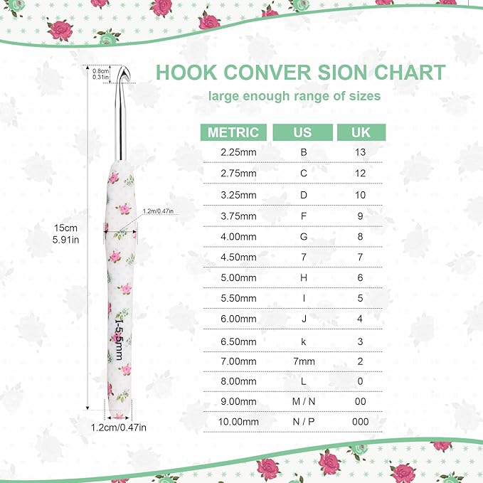 BCMRUN Crochet Gifts, 14pcs Flower Pattern 2.25mm-10mm Soft Grip Metal Crochet Hooks for Crocheting & Knitting, Weave Yarn Craft Kits (White)