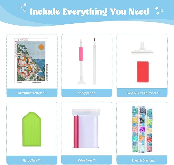 QENSPE Diamond Painting Art Kits for Adults, DIY Seaside View Full Drill Diamond Art for Beginners, 5D Colorful Houses Round Diamond Dots Paintings Gem Art Crafts for Home Wall Decor Gifts 30x40cm